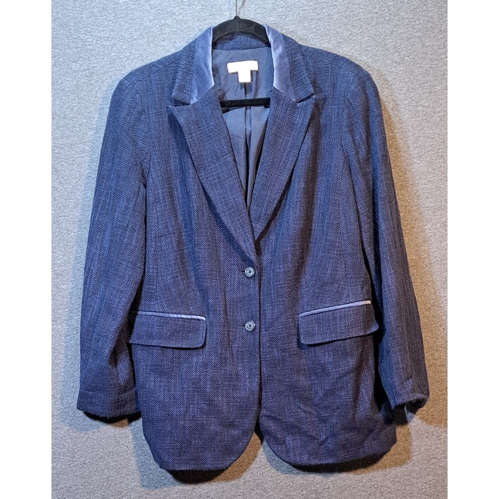 Coldwater Creek Womens Navy Blue Textured Woven Blazer Velvet Trim Size 16